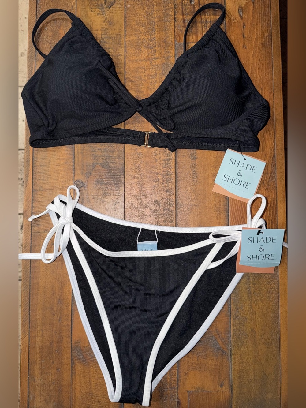 Shade & Shore Black Bikini with White Trim Tie-Side Bottoms